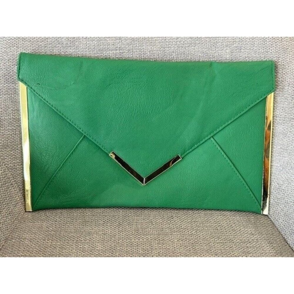 ASOS Design Clutch Envelope Fold Over Green With Metallic Gold Rectangle See
